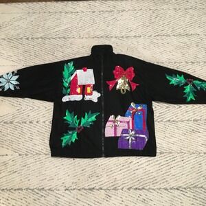 Modi Denim Vintage 80s Sequin Christmas Holiday Statement Jacket Ugly Sweater